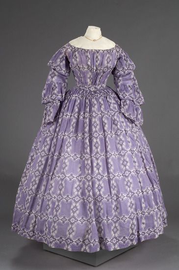 Purple and white roller-printed cotton dress, American, ca. 1850. Worn by Jane M. Wadhams Stevens of Litchfield (LFA student).