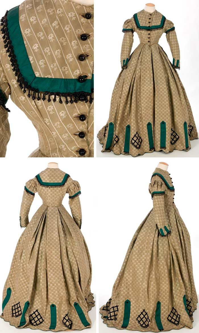 One-piece silk taffeta dress, ca. 1860s. Strips of green silk taffeta, cut on the bias, trim bodice, sleeves, and hem. Fringe and jet beads on bodice, sleeves, and hem. Bodice lined with cotton and boned; skirt is unlined. Textile Museum &amp; Documentation Center of Terrassa (IMATEX)