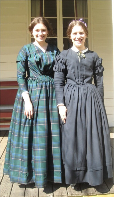 Green plaid fan-front dress. Made using the Laughing Moon round Gown pattern (#114) (1840s and early 1850s). These would be a bit early for the Handcart Era, but the either can be ideal for the origin…