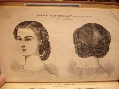 Godey's 1861. -Instructions: Divide your hair down the center, then make a vertical part right behind the ears to divide front and back hair.