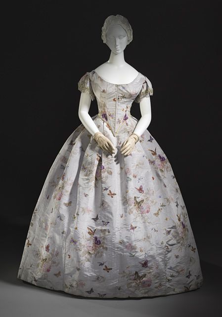 Period Garment: France - Woman’s Dress - ca. 1865 - Silk plain weave (taffeta) with printed warp, moiré finish. Interesting butterfly print!