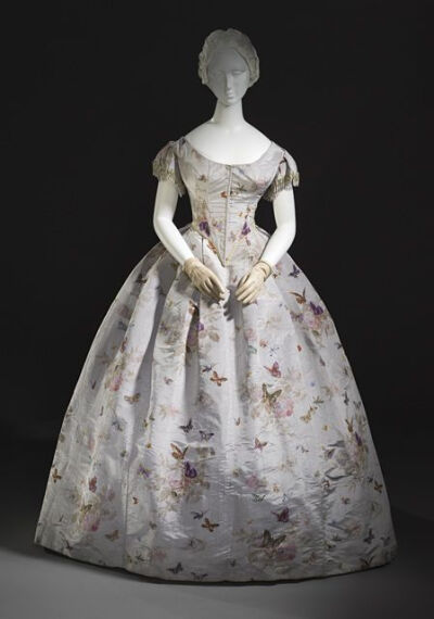 Period Garment: France - Woman’s Dress - ca. 1865 - Silk plain weave (taffeta) with printed warp, moiré finish. Interesting butterfly print!