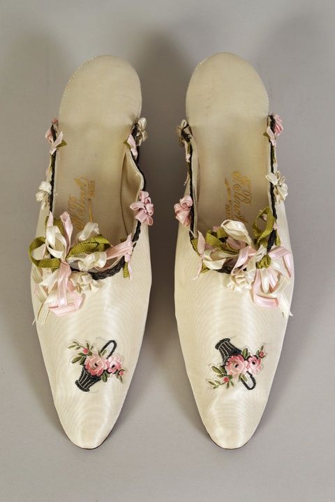 Satin mules with ribbon trim. French, 1900-20