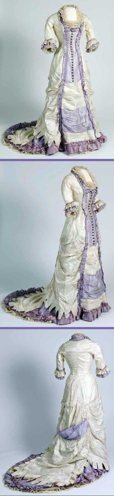 Dress, ca. 1880. Silk with linen lining,machine-made lace, and metal trim. Norsk Folkemuseum