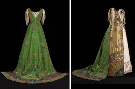 Ball gown with an under-robe of cloth of silver, wrought all over with silver thread and brilliants, and with an over-dress of green and gold shot-silk gauze, embroidered to the waist with green and gold metalwork, decorated with jewels.