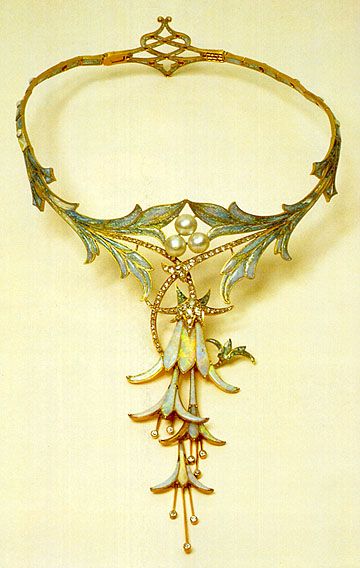 Art Nouveau Fuchsia Necklace - 1905 - Design by Alphonse Mucha (Czech, 1860-1939) - Made by jeweler Georges Fouquet - Opal, cabochon sapphire, pearl, and gold