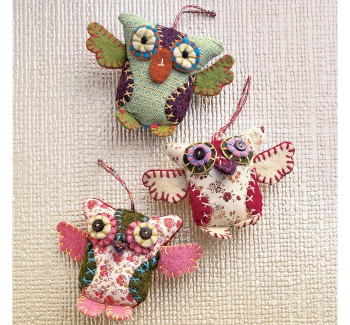 Hand-stitched felt and fabric owl ornaments