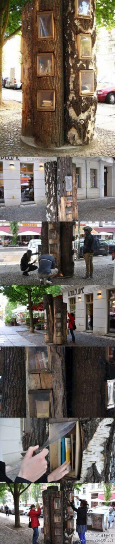 这是位于德国柏林普伦茨劳贝格街的一个免费图书交换亭。这个图书交换亭由几根树干用螺栓连接在一起，像森林里的一棵古树，来往市民可以打开塑料挡板自由交换书籍。很有创意的换书方式，赞！（转）
