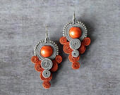 Grey gray red soutache earrings hand embroidered earrings beads embroidery earrings soutache jewelry