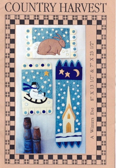 Winter Wool Applique Pattern, By Country Harvest, Winters Eve, Penny Rugs, Snowman, Church, Rabbit, Unused