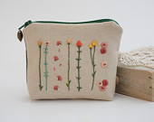 Zipper Coin Purse - Unique Floral Hand Embroidery Design - MADE TO ORDER - with Wild Flowers