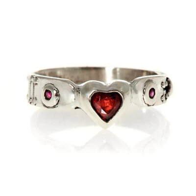 silver heart ring Ladies Red Garnet and Ruby Steampunk Industrial Ring Blue Bayer Design NYC
