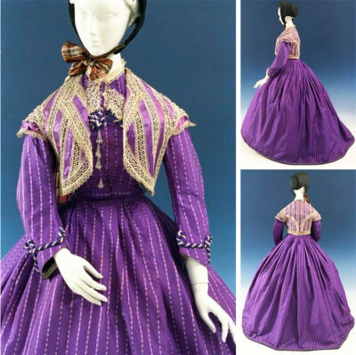 Dress, U.K., late 1860s. Bright color due to use of Perkins mauve synthetic dye. Via Bunka Gakuen Costume Museum, Tokyo.