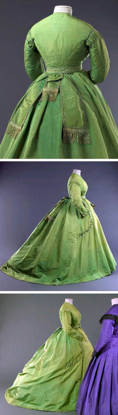 Dress, 1867. Green faille with ivory and green trimming and green fringes. Long sleeves with shirring at shoulders and bottom of sleeves. Front closure with 7 buttons; encrusted (inlaid?) belt closure…