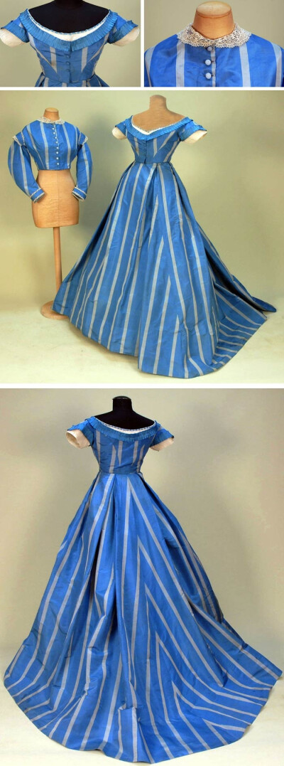 Silk taffeta gown with two bodices, 1860s. French blue with wide grey stripe, day bodice with long collared sleeve, lace collar &amp; cuff trimmed in cream bobbin lace.