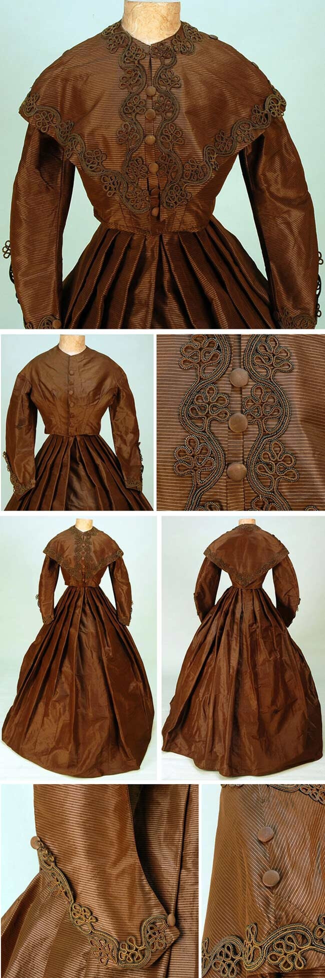 Ribbed silk visiting dress with pelerine, ca. 1865. Three-piece chestnut satin with woven gold horizontal rib.