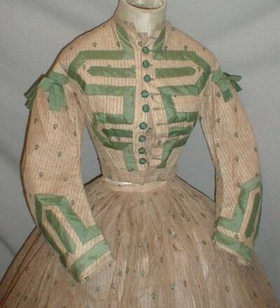 Sublime 1860's Printed Gauze Dress w Green Silk Trim | eBay