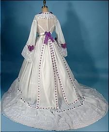 Trained White Fine Linen 2-Piece Gown Trimmed In Purple Silk Taffeta Ribbon And Embroidered White On White Lace c.1860's (Civil War Era) (Back Of Dress)