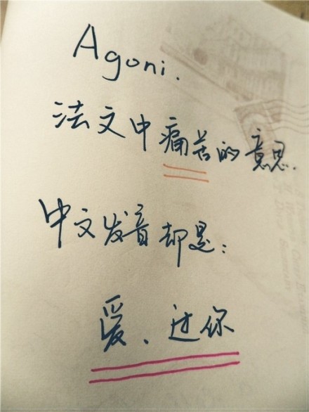 Agoni,法文中痛苦的意思。中文发音却是：爱、过你。