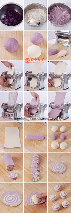 原料：紫薯泥150g、面粉480g、水70g、酵母1g、水140g、酵母1g 。做法：  1、紫薯蒸熟去皮用筛网压成泥，加面粉，用手搓一下，尽量搓匀；  2、酵母融于水，加入后揉成稍硬的光滑面团。材料B中，酵母溶于水，加入面粉揉成稍硬的光滑面团。分别取两色面团的一半，另一半备用；  3、用面条机1档分别把白色面团过十几遍，直到压出非常光滑的面皮；  4、用面条机1档分别把紫色面团过十几遍，直到压出非常光滑的面皮；  5、两色面皮叠一起，尺寸约14*30左右。中间刷一层水，上面也刷一层水，卷起。放入袋中饧30分钟。这时把做法2中最后备用的另一半面团稍微揉匀一下，或者用面条机压几遍，分成40-50