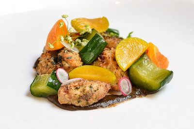 sweetbread "karaage," smoky eggplant, miso, green plum, cucumber