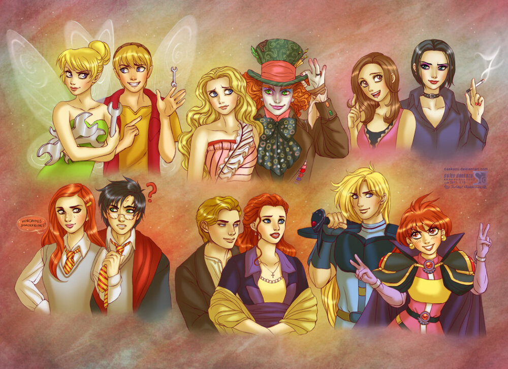 Tinker Bell: Tinker Bell + Terence Alice in Wonderland: Alice Kingsleigh + Mad Hatter Nana: Nana Komatsu + Nana Osaki Harry Potter: Ginny Weasley + Harry Potter Titanic: Jack Dawson + Rose DeWitt Bukater Slayers: Gourry Gabriev + Lina Inverse