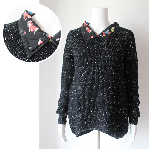 秋冬新品欧大牌街头百搭花黑翻领修身羊仔毛假两件套针织毛衣外套