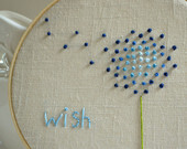 Embroidery Hoop Art Wish in Blues Hand Embroidered