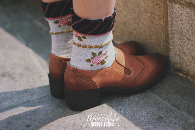 条纹花朵短袜堆堆袜金丝装饰三色入
