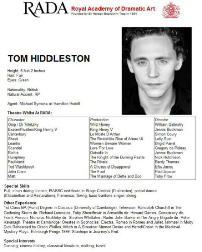 #tom hiddleston# 抖森的简历?