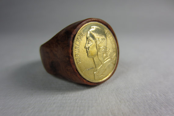 Amboyna burl ring with 5 Centime French coin