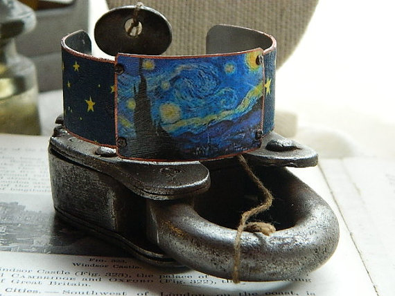 Vincent Van Gogh cuff bracelet mixed media jewelry Starry Night art jewelry