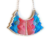 Statement bib necklace art deco geometric tribal handmade embroidered in beautiful pinks and blues modern jewelry