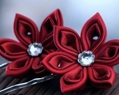 Kanzashi Flower Bobby Pins: Bridal Hair Accessories - Ruby Red