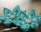 Bobby Pin Set: Wedding Flowers for Hair, Silk and Fabric Teal Kanzashi - Sashiko Stars