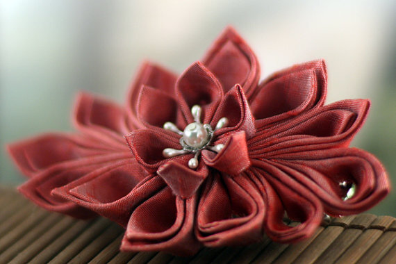 Silk Flower Barrette: Japanese Kanzashi Hair Clip Barrette, Red - Frosted Cherry