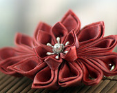 Silk Flower Barrette: Japanese Kanzashi Hair Clip Barrette, Red - Frosted Cherry