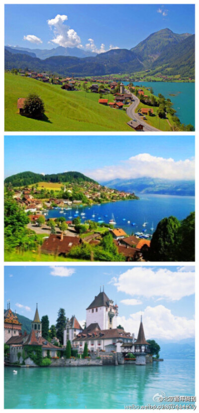 【因特拉肯】欧洲瑞士的一个闻名遐迩的旅游小镇，又名湖间镇。蓝天，白云，绿水，清山闻着这里的空气，心就已经醉了