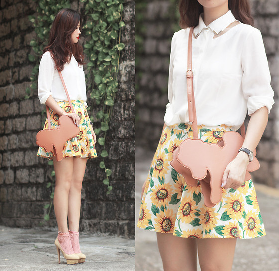 Jovonnista Charlie Shirt, Asianicandy Pony Bag, American Apparel Sunflower Skirt, Charlotte Olympia Beige Heels