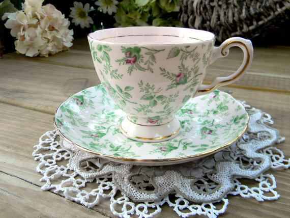 Tuscan Teacup Tea Cup and Saucer - Footed Pink Chintz - English Bone China 10481