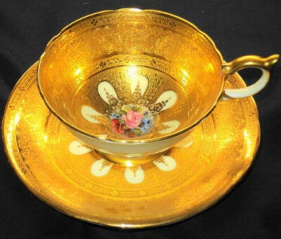 AYNSLEY ENGLAND SET of COLLECTION GOLD Encrusted SIGNED TEA CUP AND SAUCER