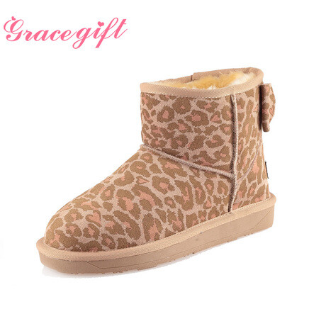 【包邮】gracegift秋冬新款女靴 牛二层皮短靴 蝴蝶結雪地靴