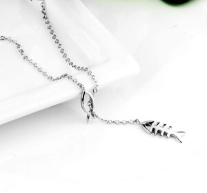 韩版时尚百搭款925纯银项链女 鱼骨短款锁骨链 双鱼座项链-