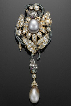 Victorian Natural Pearl, Diamond and Enamel Snake Brooch. French