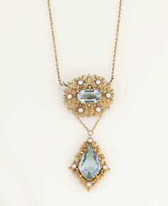 An antique gold, aquamarine and half-pearl pendant necklace The central drop with fancy pear shaped aquamarine within a cannetille surround with half-pearl accents, to a similarly designed oval surmount with aquamarine centre, to fine link neckchain, drop and surmount circa 1830, converted circa 19…