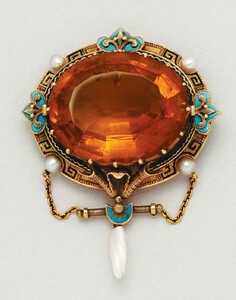 Antique Citrine, Pearl, Enamel and 18K Gold Pendant/Brooch, circa 1885