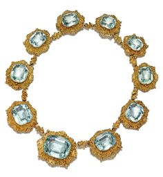 GOLD AND AQUAMARINE NECKLACE, CIRCA 1830. Set with 10 cushion-shaped aquamarines weighing approximately 239.00 carats, within gold frames of shell and scroll designs, length 16 inches.