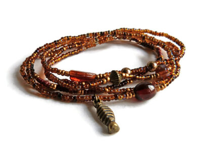 6号种子珠手镯，棕色弹力手镯，友谊手镯，棕色青铜