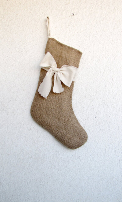 Burlap Christmas Stocking Rustic Holiday Stocking Shabby chic bow stocking