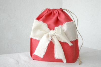 Red Linen drawstring gift bag lingerie travel bag reusable eco friendly shabby bow christmas